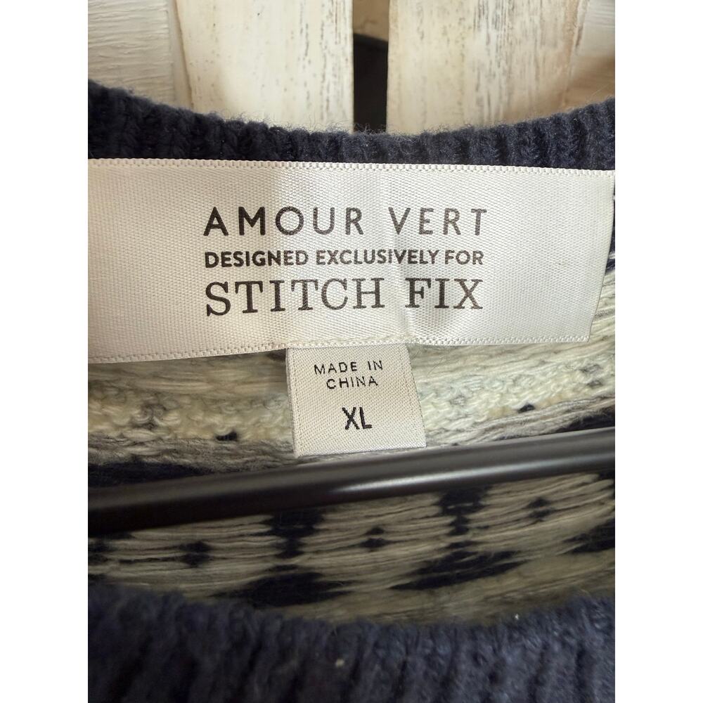 AMOUR VERT Women's XL Whistler Nordic Fair Isle Ribbed Knit Sweater Navy Cream - Picture 9 of 13
